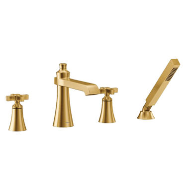Click here to see Moen TS929BG Moen Flara Two-Handle Roman Tub Faucet with 2 GPM Single-Function Hand Shower, Cross Handles, Brushed Gold - TS929BG