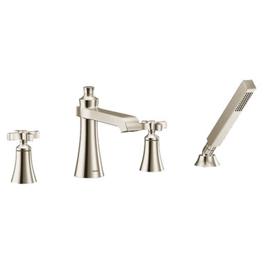 Click here to see Moen TS929NL Moen Flara Two-Handle Roman Tub Faucet with 2 GPM Single-Function Hand Shower, Cross Handles, Polished Nickel - TS929NL