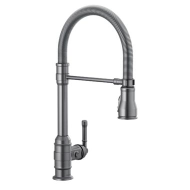 Click here to see Delta 9690-KS-DST Delta Broderick Pro Single Handle Pull-Down Kitchen Faucet w/ Spring Spout, Black Stainless - 9690-KS-DST