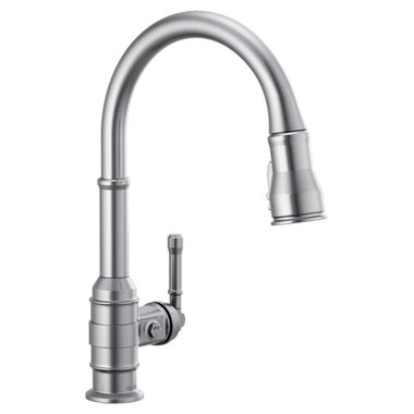 Click here to see Delta 9990-AR-DST Delta Broderick Single Handle Pull-Down Bar/Prep Faucet, Arctic Stainless - 9990-AR-DST