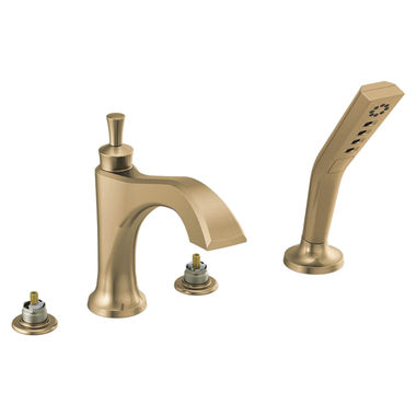 Click here to see Delta T4756-CZLHP Delta Dorval Two-Handle Roman Tub Faucet Trim with  Hand Shower, 1.75 GPM Three-Setting Hand Shower, H2Okinetic, Less Handles, Champagne Bronze - T4756-CZLHP