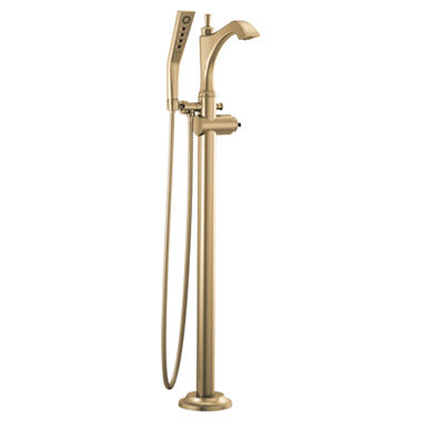Click here to see Delta T4756-CZLHP-FL Delta Dorval Single-Handle Freestanding Tub Filler Trim with 1.75 GPM Three-Setting Hand Shower, H2Okinetic, Angular Spout, Less Handles, Champagne Bronze - T4756-CZLHP-FL