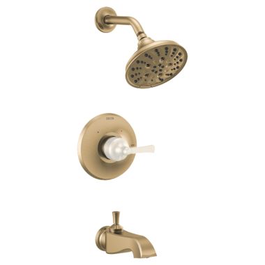 Click here to see Delta T14456-CZLHP Delta Dorval Monitor 14 Series H2Okinetic Tub/Shower Faucet with 5-Setting Showerhead, 1.75 GPM, Less Handle, Champagne Bronze - T14456-CZLHP