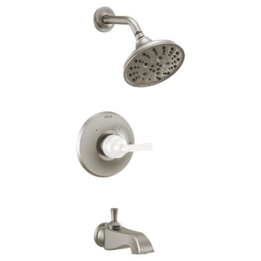 Click here to see Delta T14456-SSLHP Delta Dorval Monitor 14 Series H2Okinetic Tub/Shower Faucet with 5-Setting Showerhead, 1.75 GPM, Less Handle, Stainless - T14456-SSLHP