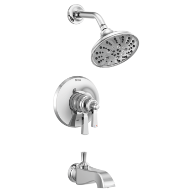 Click here to see Delta T17456 Delta Dorval Monitor 17 Series H2Okinetic Tub/Shower Faucet with 5-Setting Showerhead, Two-Handle, 1.75 GPM, Lever Handles, Chrome - T17456