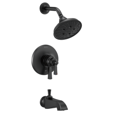 Click here to see Delta T17456-BL Delta Dorval Monitor 17 Series H2Okinetic Tub/Shower Faucet with 5-Setting Showerhead, Two-Handle, 1.75 GPM, Lever Handles, Matte Black - T17456-BL