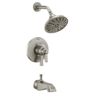 Click here to see Delta T17456-SS Delta Dorval Monitor 17 Series H2Okinetic Tub/Shower Faucet with 5-Setting Showerhead, Two-Handle, 1.75 GPM, Lever Handles, Stainless - T17456-SS
