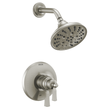 Click here to see Delta T17T256-SS Delta Dorval TempAssure 17T Series Two-Handle H2Okinetic Raincan Shower Faucet with Volume Control, 1.75 GPM, Lever Handles, Stainless - T17T256-SS