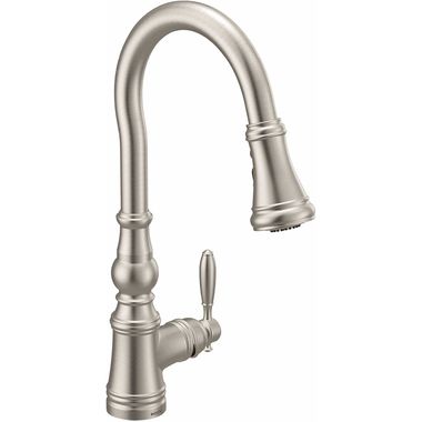 Click here to see Moen S73004SRS Moen Weymouth Single Handle High Arc Pull-Down Kitchen Faucet, Spot Resist Stainless - S73004SRS 