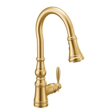 Click here to see Moen S73004BG Moen Weymouth Single Handle High Arc Pull-Down Kitchen Faucet, Brushed Gold - S73004BG