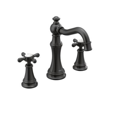 Click here to see Moen TS42114BL Moen Weymouth Two-Handle High Arc Widespread Matte Black Bathroom Faucet with Cross Handles, 1.2 GPM, 60 PSI, WaterSense, Two-Handles - TS42114BL
