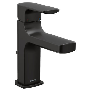 Click here to see Moen 6900BL Moen Rizon Single-Hole One-Handle Low-Arc Matte Black Bathroom Faucet with Metal Pop-Up Drain and Red/Blue Indicator, Lever Handles, ADA - 6900BL