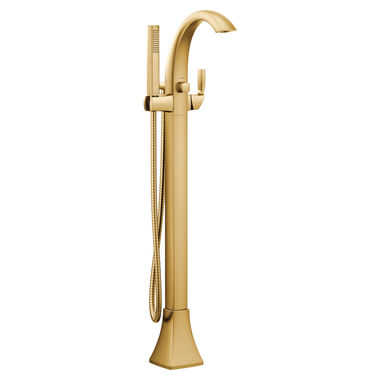 Click here to see Moen 695BG Moen Voss 6 GPM Single-Handle Freestanding Tub Filler with 1.75 GPM Single-Function Hand Shower, 59in Metal Hose, Dual Check Valves, Brushed Gold - 695BG