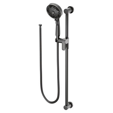 Click here to see Moen 3670EPBL Moen 4-1/2in Five-Function Hand Shower with 30in Slide Bar, Round, Eco-Performance, 1.75 GPM, WaterSense, ADA, Matte Black - 3670EPBL
