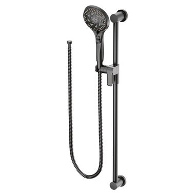 Click here to see Moen 3671EPBL Moen 4-1/2in Five-Function Hand Shower with 30in Slide Bar, Round, Eco-Performance, 1.75 GPM, ADA, WaterSense, Matte Black - 3671EPBL