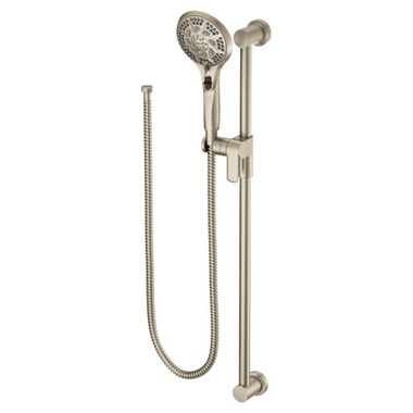 Click here to see Moen 3671EPBN Moen 4-1/2in Five-Function Hand Shower with 30in Slide Bar, Round, Eco-Performance, 1.75 GPM, ADA, WaterSense, Brushed Nickel - 3671EPBN