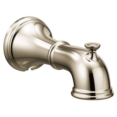 Click here to see Moen 185820NL Moen Belfield 7-3/4-inch Wall Mounted Polished Nickel Metal Tub Spout with Pull-Up Diverter, 1/2-inch Connection Size, Slip Fit - 185820NL
