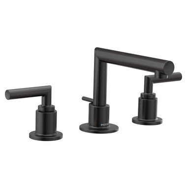 Click here to see Moen TS43002BL Moen Arris Two-Handle Low Arc Matte Black Widespread Bathroom Faucet with Metal Pop-Up, M-PACT, 1.2 GPM, ADA Lever Handle, Three-Hole, WaterSense - TS43002BL