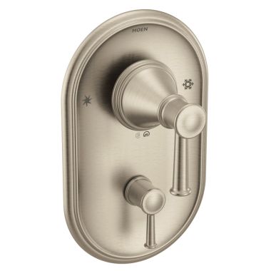 Click here to see Moen T2310BN Moen Belfield Posi-Temp Valve Trim w/ 3-Function Diverter, Lever Handles, Brushed Nickel - T2310BN