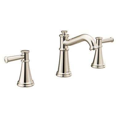 Click here to see Moen T6405NL Moen Belfield Two-Handle High Arc Polished Nickel Widespread Bathroom Sink Faucet, M-PACT, 1.2 GPM, ADA Lever Handle, WaterSense, Three-Hole - T6405NL