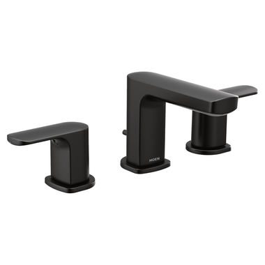 Click here to see Moen T6920BL Moen Rizon Two-Handle Low Arc Widespread Matte Black Bathroom Faucet, 1.2 GPM, 60 PSI, WaterSense, Lever Handles, Three-Holes, ADA - T6920BL