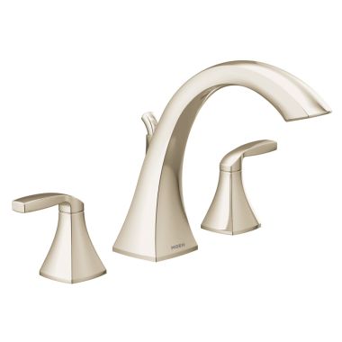 Click here to see Moen T693NL Moen Voss Two-Handle Roman Tub Faucet, Widespread, 10in Center, High Arc Spout, Lever Handles, Temperature Indicator, Polished Nickel - T693NL