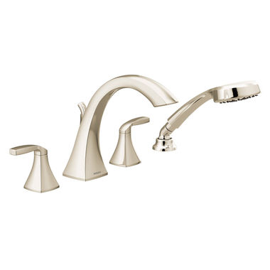 Click here to see Moen T694NL Moen Voss Two-Handle Roman Tub Faucet with 1.75 GPM Single-Function Hand Shower, High Arc Spout, Lever Handles, Polished Nickel - T694NL
