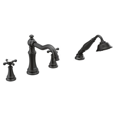 Click here to see Moen TS21102BL Moen Weymouth Two-Handle Roman Tub Faucet Trim with Diverter and 1.75 GPM One-Function Hand Shower, Cross Handles, Matte Black - TS21102BL