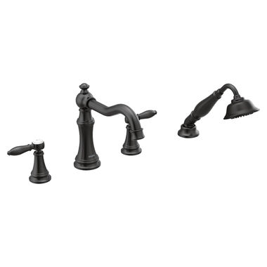 Click here to see Moen TS21104BL Moen Weymouth Two-Handle Roman Tub Faucet Trim with Diverter and 1.75 GPM One-Function Hand Shower, Lever Handles, Matte Black - TS21104BL