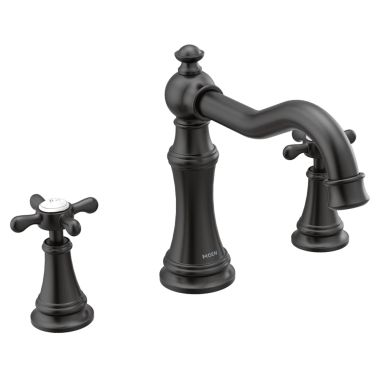 Click here to see Moen TS22101BL Moen Weymouth Two-Handle Roman Tub Faucet Trim, Cross Handles, ADA, M-PACT, Matte Black - TS22101BL