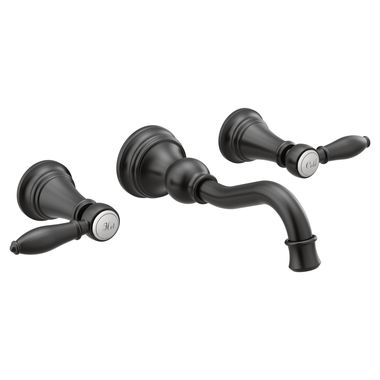 Click here to see Moen TS42106BL Moen TS42106BL Weymouth Two-Handle Wall-Mount Widespread Bathroom Faucet, Lever Handles, Matte Black 