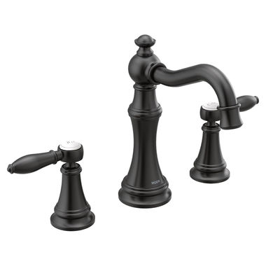 Click here to see Moen TS42108BL Moen Weymouth High Arc Widespread Matte Black Bathroom Faucet with Lever Handles, Duralock, ADA, WaterSense, 1.2 GPM, 60 PSI, Two-Handles - TS42108BL