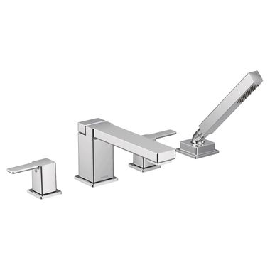 Click here to see Moen TS914 Moen 90 Degree Two-Handle Roman Tub Faucet with 1.75 GPM Hand Shower, Lever Handles, Temperature Indicator, Polished Chrome - TS914