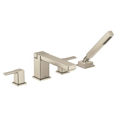 Click here to see Moen TS914BN Moen 90 Degree Two-Handle Roman Tub Faucet with 1.75 GPM Hand Shower, Lever Handles, Temperature Indicator, Brushed Nickel - TS914BN