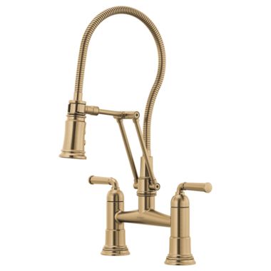 Click here to see Brizo 62174LF-GL Brizo Rook Brilliance Luxe Gold Two-Handle Articulating Bridge Kitchen Faucet with Finished Hose, MagneDock, 1.8 GPM - 62174LF-GL