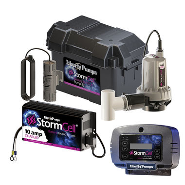 Click here to see Liberty 442-10A-EYE Liberty Pumps StormCell Emergency Sump Pump, 43 GPM, Battery Backup System with 10A Charger, Vertical Switch, NightEye - 442-10A-EYE