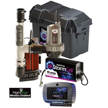 Click here to see Liberty PC237-442-10A-EYE Liberty Pumps Sump Pump Combo, 43 GPM, 115 Volts, 237 VMF Pump with 442 StormCell Emergency Backup, 10A Battery, NightEye Alarm - PC237-442-10A-Eye