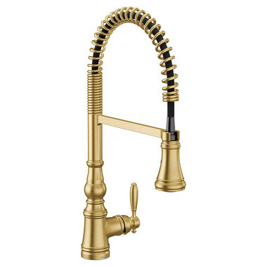 Click here to see Moen S73104BG Moen Weymouth Single Handle Semi-Pro Spring Kitchen Faucet, Brushed Gold - S73104BG