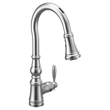Click here to see Moen S73004EVC Moen Weymouth Smart Single Handle High Arc Pull-Down Kitchen Faucet, Chrome - S73004EVC 