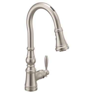 Click here to see Moen S73004EVSRS Moen Weymouth Smart Single Handle High Arc Pull-Down Kitchen Faucet, Spot Resist Stainless - S73004EVSRS