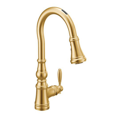 Click here to see Moen S73004EVBG Moen Weymouth Smart Single Handle High Arc Pull-Down Kitchen Faucet, Brushed Gold - S73004EVBG 