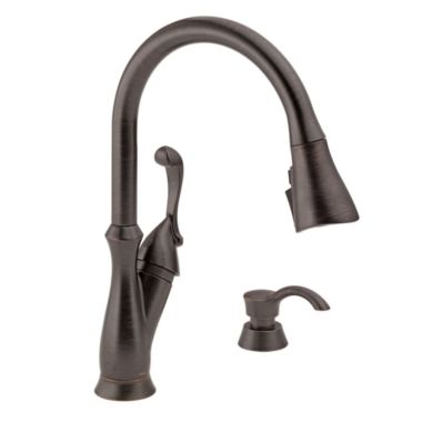 Click here to see Delta 19950Z-RBSD-DST Delta Arabella Single-Handle Venetian Bronze Pull-Down Kitchen Faucet with Soap Dispenser, 1.8 GPM, Lever Handle, Diamond Seal Technology, Touch2O - 19950Z-RBSD-DST