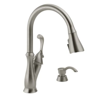 Click here to see Delta 19950Z-SSSD-DST Delta Arabella Single-Handle Stainless Pull-Down Kitchen Faucet with Soap Dispenser, 1.8 GPM, Lever Handle, Diamond Seal Technology, Touch2O - 19950Z-SSSD-DST
