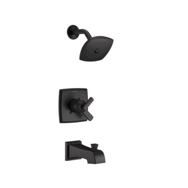 Click here to see Delta T17464-BL Delta Ashlyn Monitor 17 Series Two-Handle Tub/Shower Faucet with Single-Setting Rain Showerhead, 1.75 GPM, Lever Handles, Matte Black - T17464-BL