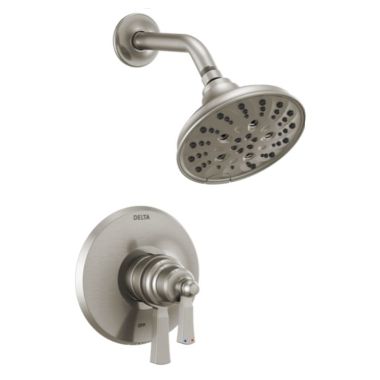 Click here to see Delta T17256-SS Delta Dorval Monitor 17 Series Two-Handle H2Okinetic Shower Faucet with Volume Control, 5-Setting, 1.75 GPM, Lever Handles, Stainless - T17256-SS