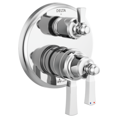 Click here to see Delta T27856 Delta Dorval Monitor 17 Series Two-Handle Valve Trim w/ 3-Function Diverter, Lever Handles, Polished Chrome - T27856