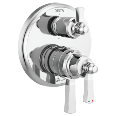 Click here to see Delta T27956 Delta Dorval Monitor 17 Series Two-Handle Valve Trim w/ 6-Function Diverter, Lever Handles, Polished Chrome - T27956