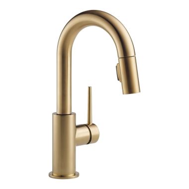 Click here to see Delta 9959-CZLS-DST Delta Trinsic Two-Function Single-Handle Champagne Bronze Pull-Down Bar/Prep Faucet, 1.8 GPM, Lever Handle, Diamond Seal Technology, ADA, Limited Swivel - 9959-CZLS-DST