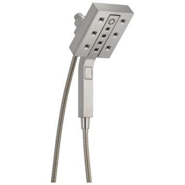 Click here to see Delta 58473-SS25 Delta In2ition 4-Setting 2.5 GPM Two-in-One Shower, H2Okinetic Technology, Touch-Clean Spray Nozzles, Square Face, Stainless - 58473-SS25
