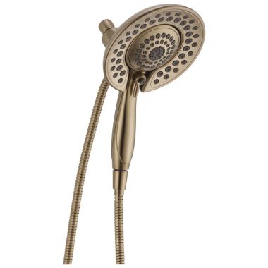 Click here to see Delta 58569-CZ25-PK Delta In2ition 5-Setting Touch-Clean 2-in-1 Shower, Touch-Clean Spray Nozzles, WaterSense Certified, 2.5 GPM, Champagne Bronze - 58569-CZ25-PK